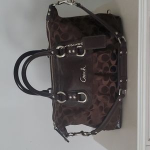 Coach Chocolate brown leather & fabric handbag.